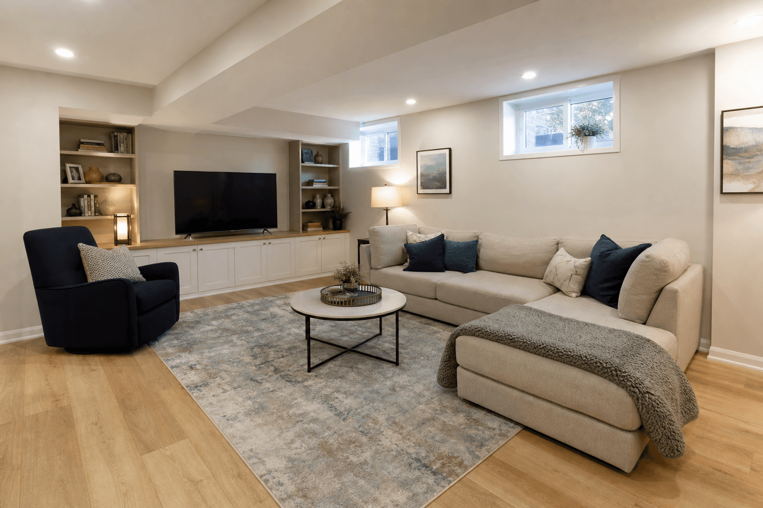 Finished Toronto basement after complete water damage restoration