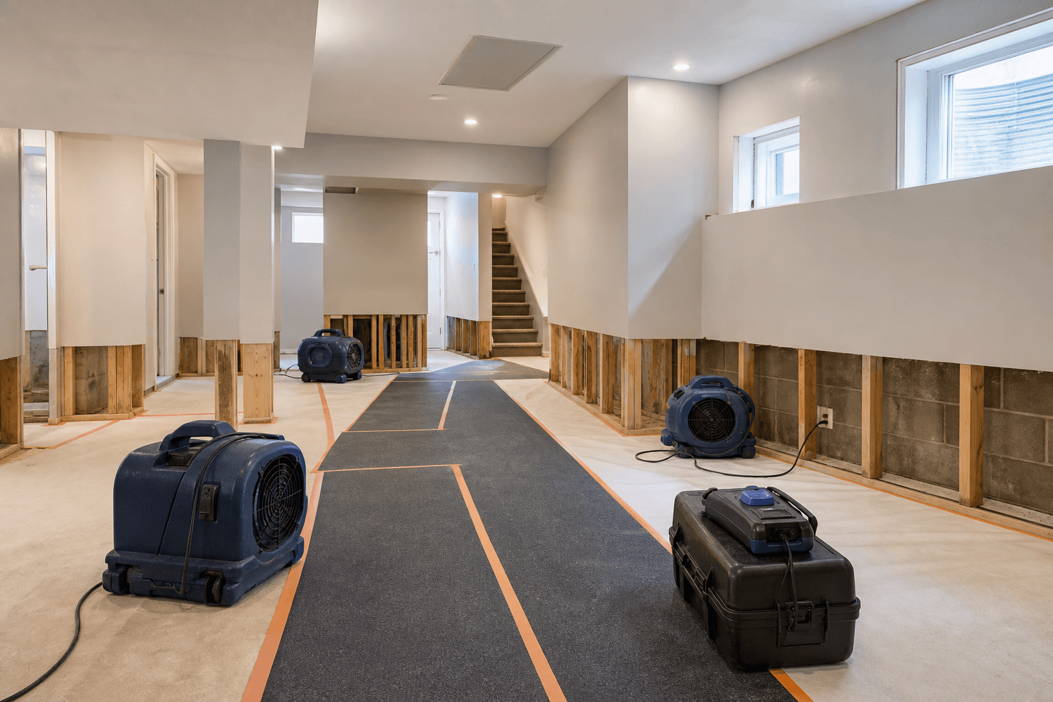 Emergency Restoration structural drying setup in a Toronto basement